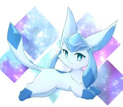 Rule 34 | :3, animal focus, blue eyes, blue hair, bright pupils, closed mouth, creatures (company), from side, full body, game freak, gem (symbol), gen 4 pokemon, glaceon, happy, highres, kryztar, long hair, looking at viewer, lying, nintendo, no humans, on stomach, pokemon, pokemon (creature), smile, solo, split mouth, twintails, white pupils