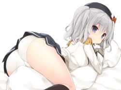Rule 34 | 10s, 1girl, ass, beret, black socks, blue eyes, blush, body pillow, breasts, epaulettes, gloves, hat, kantai collection, kashima (kancolle), kneehighs, looking at viewer, military, military uniform, miniskirt, hugging object, panties, pillow, pillow hug, pleated skirt, silver hair, simple background, skirt, smile, socks, solo, twintails, underwear, uniform, watanon (gakushokutei), wavy hair, white background, white gloves, white panties