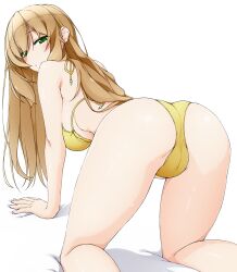 Rule 34 | 1girl, all fours, ass, ass focus, bikini, blush, breasts, brown hair, commentary request, green eyes, hinata masaki, large breasts, long hair, looking at viewer, looking back, original, simple background, solo, swimsuit, white background, yellow bikini