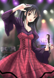 Rule 34 | 1girl, :d, arm up, black hair, breasts, corset, diffraction spikes, dress, drum, drum set, earrings, enjou yukito, hair ornament, holding, holding microphone, indoors, instrument, jewelry, lace-trimmed sleeves, lace trim, long sleeves, looking at viewer, microphone, necklace, open mouth, pendant, plaid, plaid dress, purple ribbon, ribbon, ring, short hair, small breasts, smile, solo, sparkle, spotlight, two side up, wide sleeves