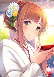 Rule 34 | 1girl, blurry, blurry background, blush, braid, brown eyes, brown hair, closed mouth, commentary request, crown braid, cup, day, depth of field, fingernails, floral print, flower, hair flower, hair ornament, hands up, highres, holding, holding cup, idolmaster, idolmaster cinderella girls, igarashi kyoko, japanese clothes, kimono, long sleeves, nail polish, pink nails, sakazuki, sidelocks, smile, solo, sunlight, u rin, upper body, white flower, white kimono, wide sleeves