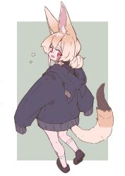 Rule 34 | 1girl, absurdres, animal ear fluff, animal ears, animal hood, bandaid, bandaid on cheek, bandaid on clothes, bandaid on face, black footwear, black hoodie, blonde hair, blush, border, commentary request, double bun, film grain, flower (symbol), fox ears, fox girl, fox tail, from behind, full body, green background, hair bun, highres, hood, hood down, hoodie, kneehighs, loafers, long sleeves, looking back, megateru, nose blush, open mouth, original, outside border, red eyes, shoes, short hair, sideways mouth, simple background, sleeve cuffs, sleeves past fingers, sleeves past wrists, smile, socks, solo, standing, tail, white border, white socks