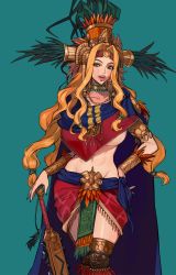 Rule 34 | 1girl, absurdres, blonde hair, blue background, breasts, ennuigrl, fate/grand order, fate (series), green eyes, hair intakes, hand on own hip, highres, jewelry, large breasts, lips, looking at viewer, macuahuitl, nail polish, open mouth, quetzalcoatl (fate), simple background, skindentation, smile, solo, thighs
