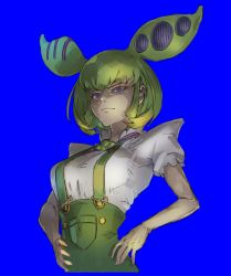 Rule 34 | 1girl, blue background, closed mouth, green hair, hands on own hips, highres, overalls, purple eyes, short hair, simple background, solo, voicevox, wawon (wan wawon), zundamon