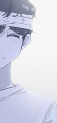 Rule 34 | 1boy, absurdres, bandage over one eye, bandaged head, bandages, blush, closed eyes, greyscale, highres, hospital gown, limited palette, male focus, monochrome, omori, pale skin, signature, simple background, smile, solo, spoilers, sunny (omori), tearing up, tendoshi, twitter username, white background