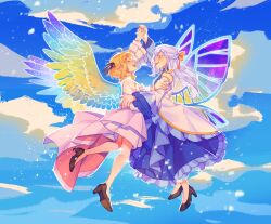 Rule 34 | 2girls, ahoge, anisphia wynn palettia, black footwear, blonde hair, blue dress, blue sky, blush, brown footwear, cloud, commentary request, dress, esther980174, euphyllia magenta, flying, full body, grey hair, hair ribbon, hand on another&#039;s arm, high heels, highres, holding hands, interlocked fingers, light particles, long hair, long sleeves, looking at another, midair, multiple girls, open mouth, ribbon, short hair, sky, smile, tensei oujo to tensai reijou no mahou kakumei, white dress, wings, yellow ribbon, yuri