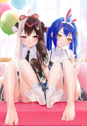 Rule 34 | 2girls, ahoge, amamiya kokoro, animal ears, balloon, barefoot, bear ears, black necktie, blue hair, blue nails, blurry, blurry background, blush, brown footwear, brown hair, collared shirt, couch, crossed bangs, cum, cum in footwear, cum on body, cum on clothes, cum on feet, cumdrip, double-parted bangs, eyelashes, fake animal ears, feet, full body, grey hair, grey skirt, hair ornament, hands up, highres, holding, holding shoes, knees together feet apart, knees up, kou futoshi, legs, loafers, long hair, looking at viewer, miniskirt, multicolored hair, multiple girls, nail polish, necktie, nijisanji, no shoes, on couch, open mouth, paid reward available, panties, partially visible vulva, pink hair, pink nails, pink panties, plaid, plaid skirt, rabbit ears, red eyes, shirt, shoes, single sock, sitting, skirt, socks, soles, spread toes, streaked hair, thighs, toenail polish, toenails, toes, torn clothes, torn socks, twintails, two-tone hair, two side up, underwear, unworn shoes, unworn socks, virtual youtuber, white shirt, white socks, window, x hair ornament, yellow eyes, yorumi rena, yorumi rena (11th costume)