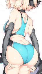 Rule 34 | 1girl, ass, ass grab, back, bare shoulders, black choker, black ribbon, blonde hair, blue one-piece swimsuit, blush, breasts, butt crack, choker, competition swimsuit, cowboy shot, dakimakura (medium), deep skin, elbow gloves, fate/grand order, fate (series), from behind, gloves, hair ribbon, halcon, head out of frame, large breasts, legs together, lying, okita souji (fate), okita souji (koha-ace), on stomach, one-piece swimsuit, parted lips, ribbon, short hair, smile, solo, swimsuit