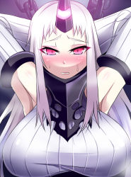 Rule 34 | 10s, 1girl, abyssal ship, armpits, arms up, blush, breasts, chain, chained, chain, horns, kantai collection, large breasts, long hair, looking at viewer, nishida megane, open mouth, pale skin, pink eyes, seaport princess, single horn, solo, sweatdrop, white hair