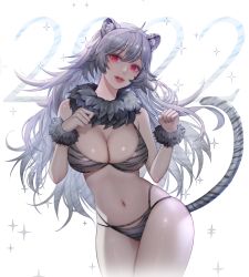 Rule 34 | 1girl, 2022, absurdres, animal ear fluff, animal ears, bikini, breasts, chinese zodiac, cleavage, clenched hands, colored tips, commentary, cowboy shot, english commentary, eyelashes, fur collar, grey bikini, grey hair, grey nails, hands up, highres, large breasts, lips, long hair, looking at viewer, multi-strapped bikini, multicolored hair, nail polish, navel, nengajou, new year, oeun, original, parted lips, paw pose, red eyes, red lips, shiny skin, skindentation, sparkle, swimsuit, tail, tiger ears, tiger girl, tiger stripes, tiger tail, very long hair, white background, white tiger print, wrist cuffs, year of the tiger
