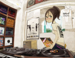 Rule 34 | (stag), 00s, 1girl, box, brown hair, cardboard box, dj, female focus, fisheye, indoors, lucky star, mixer, phonograph, ponytail, record, short hair, solo, turntable, window