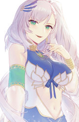 Rule 34 | 1girl, blue nails, braid, braided bangs, clothing cutout, detached sleeves, feather hair ornament, feathers, green eyes, hair ornament, highres, hololive, hololive indonesia, long hair, looking at viewer, nail polish, navel, open mouth, pavolia reine, see-through, see-through sleeves, side ponytail, silver hair, smile, solo, stomach cutout, upper body, very long hair, virtual youtuber, wenz, white background