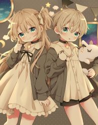 Rule 34 | 1boy, 1girl, aqua eyes, blonde hair, blush, brown background, choker, closed mouth, dress, framed, highres, long hair, long sleeves, looking at viewer, open mouth, original, rii (pixiv11152329), shirt, short hair, siblings, sky, smile, star (sky), star (symbol), starry sky, stuffed animal, stuffed toy, twins, white dress, white shirt
