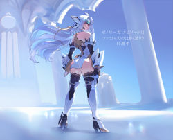 Rule 34 | 1girl, absurdres, android, ass, bare shoulders, blue hair, breasts, cyborg, full body, highres, kos-mos, large breasts, long hair, looking at viewer, looking back, negresco, red eyes, solo, thighhighs, xenosaga