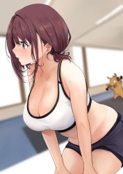 Rule 34 | 1girl, absurdres, akito (d30n26), bare arms, bare shoulders, blue eyes, borrowed character, breasts, brown hair, cleavage, from side, highres, hitoyo (baffu), large breasts, leaning forward, long hair, original, short shorts, shorts, solo, sports bra