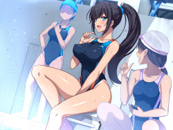 Rule 34 | 3girls, bare arms, bare legs, bare shoulders, barefoot, black hair, blast (lyricbox), blue eyes, blush, breasts, covered erect nipples, covered navel, faceless, feet, goggles, happy, highres, holding, index finger raised, indoors, large breasts, legs, long hair, looking at another, lyricbox, medium breasts, multiple girls, no eyes, open mouth, original, ponytail, sitting, smile, standing, sweat, swim cap, swimsuit, tan, tanline, thighs