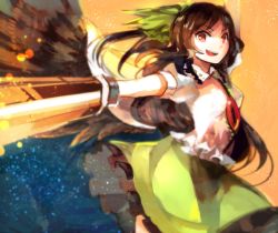 Rule 34 | 1girl, arm cannon, arm up, black hair, black wings, blurry, cape, hair ornament, hair ribbon, long hair, looking at viewer, open mouth, orange background, outstretched arm, ponytail, red eyes, reiuji utsuho, ribbon, shirt, skirt, smirk, solo, tau (llltau), third eye, touhou, weapon, wings