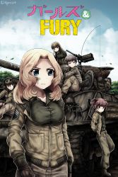 Rule 34 | 10s, 5girls, alisa (girls und panzer), blonde hair, blue eyes, boots, brown eyes, brown hair, browning m2, bsapricot, cable, caterpillar tracks, character request, copyright name, crossover, extra, freckles, fury (movie), gas mask, girls und panzer, gloves, gun, heavy machine gun, helmet, helmet-chan (girls und panzer), highres, kay (girls und panzer), leather, leather gloves, log, m4 sherman, machine gun, mask, military, military uniform, military vehicle, motor vehicle, multiple girls, naomi (girls und panzer), open hatch, short twintails, tank, twintails, uniform, weapon