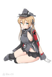 Rule 34 | 1girl, ahenn, aqua eyes, black skirt, black thighhighs, blonde hair, breasts, cleavage, full body, gloves, hair between eyes, hat, highres, kantai collection, large breasts, long hair, long sleeves, low twintails, military, military hat, military uniform, peaked cap, pleated skirt, prinz eugen (kancolle), simple background, skirt, solo, thighhighs, torn clothes, twintails, twitter username, uniform, white background, white gloves