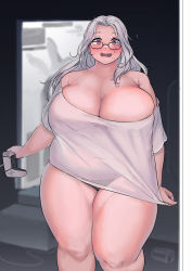 Rule 34 | 1girl, absurdres, blurry, blurry background, blush, breasts, cleavage, controller, dot nose, eyes visible through hair, fang, fat, game controller, grey hair, hair intakes, hair over eyes, highres, holding, holding controller, huge breasts, labiata (last origin), long hair, looking at viewer, magenta eyes, messy hair, navel, no pants, off-shoulder shirt, off shoulder, open mouth, playstation controller, plump, prototype labiata, see-through, see-through shirt, shirt, skindentation, solo, standing, tajyador, tareme, thick arms, thick thighs, thighs