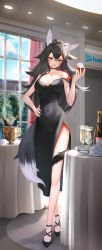 Rule 34 | 1girl, :d, absurdres, alcohol, animal ear fluff, animal ears, bare legs, black dress, black footwear, black hair, blush, bottle, breasts, cleavage, covered navel, cup, curtains, dress, drinking glass, fang, flipped hair, full body, hair between eyes, hair ornament, hand on own hip, hand up, highres, holding, holding cup, hololive, ice, indoors, large breasts, long hair, looking at viewer, multicolored hair, ookami mio, open mouth, red hair, shuvi (shuvi1125), skin fang, smile, solo, standing, streaked hair, table, tablecloth, tail, tree, very long hair, virtual youtuber, window, wine, wine bottle, wine glass, wolf ears, wolf girl, wolf tail, yellow eyes