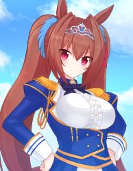 Rule 34 | 1girl, aiguillette, blue sky, blush, bow, breasts, brown hair, buttons, center frills, closed mouth, cloud, daiwa scarlet (umamusume), day, epaulettes, eyes visible through hair, frills, hair between eyes, hair intakes, hands on own hips, horse girl, horse tail, juliet sleeves, long hair, long sleeves, looking at viewer, medium breasts, outdoors, pink eyes, puffy sleeves, sky, sleeve cuffs, smile, solo, split mouth, suta (clusta), tail, tiara, twintails, umamusume, very long hair