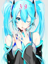 Rule 34 | 1girl, 39, ;o, bare shoulders, blue eyes, blue hair, blue necktie, breasts, close-up, detached sleeves, eyelashes, finger to own chin, fingernails, grey background, hatsune miku, head tilt, long hair, looking at viewer, necktie, one eye closed, open mouth, own hands together, shirt, simple background, sleeveless, sleeveless shirt, solo, sparkle, sparkling eyes, twintails, upper body, very long hair, vocaloid, white shirt