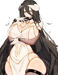 Rule 34 | 1girl, albedo (overlord), angel wings, arm under breasts, bare hips, black hair, black wings, blush, breasts, choker, cleavage, demon girl, demon horns, dress, finger to mouth, fishnet armwear, fishnets, hair between eyes, highres, horns, huge breasts, long hair, overlord (maruyama), seductive gaze, sideboob, spider web print, thick thighs, thighhighs, thighs, usa37107692, very long hair, white dress, wide hips, wings, yellow eyes