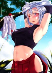 Rule 34 | 1girl, absurdres, animal ears, armpits, arms up, black thighhighs, blue sky, breasts, cowboy shot, crop top, day, fang, hair between eyes, hakama, hakama short skirt, hakama skirt, hat, highres, indica, inubashiri momiji, japanese clothes, looking at viewer, medium breasts, midriff, navel, one eye closed, open mouth, outdoors, pom pom (clothes), rain, red eyes, red hat, red skirt, short hair, skirt, sky, sleeveless, solo, tail, thick eyebrows, thighhighs, tokin hat, touhou, turtleneck, undressing, unworn clothes, unworn headwear, wet, wet clothes, white hair, wolf ears, wolf tail
