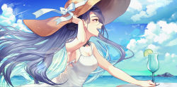 Rule 34 | 1girl, absurdres, armpits, blue sky, blush, breasts, cleavage, cloud, contrail, cowboy shot, dress, food, from side, fruit, gangzi (vtuber), hand on headwear, hat, highres, indie virtual youtuber, large hat, lime (fruit), lime slice, long hair, medium breasts, myung yi, ocean, purple hair, ribbon, sideboob, sky, smile, straw hat, sundress, tropical drink, virtual youtuber, water, white ribbon, yellow eyes