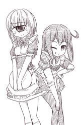 Rule 34 | 2girls, ;q, ahoge, alternate costume, apron, cyclops, enmaided, frilled apron, frills, greyscale, hand on own hip, hand on own knee, hitomebore, holding tray, leaning forward, looking at viewer, lynte, maid, maid apron, monochrome, multiple girls, one-eyed, one eye closed, puffy short sleeves, puffy sleeves, short hair, short sleeves, simple background, thighhighs, tongue, tongue out, tray, tsunemi akemi, usui sachi, v arms, waist apron, white background, wink