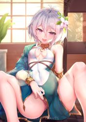 Rule 34 | 1girl, antenna hair, armlet, artist name, bare shoulders, blush, bracelet, breasts, center opening, clothing aside, covered navel, dress, dress aside, elf, fallen-leaves, flower, hair between eyes, hair flower, hair ornament, highres, jewelry, kokkoro (princess connect!), lens flare, looking at viewer, necklace, open mouth, pointy ears, princess connect!, seductive smile, short dress, short hair, silver hair, sleeveless, sleeveless dress, small breasts, smile, solo, spread legs, thighs, white flower