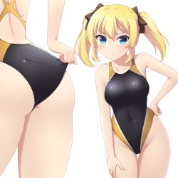Rule 34 | 1girl, adjusting clothes, adjusting swimsuit, ass, battle girl high school, black one-piece swimsuit, blonde hair, blue eyes, breasts, collarbone, commentary request, commission, competition swimsuit, covered navel, cowboy shot, hand on own hip, hand on own thigh, highleg, highleg swimsuit, highres, kougami kanon, long hair, looking at viewer, medium breasts, multicolored clothes, multicolored swimsuit, multiple views, one-piece swimsuit, pataneet, simple background, skeb commission, standing, swimsuit, thigh gap, twintails, white background