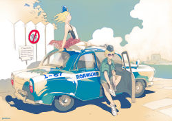 Rule 34 | 2girls, arm support, artist name, bare shoulders, blonde hair, blue eyes, car, closed eyes, cloud, crosswalk, day, fence, glasses, gun, handgun, holster, motor vehicle, multiple girls, necktie, on vehicle, original, police, police car, pomodorosa, ranguage, river, russian flag, russian text, short hair, shorts, shoulder holster, sign, sitting, sky, sunglasses, translated, vehicle, vehicle focus, water, weapon, wind, window