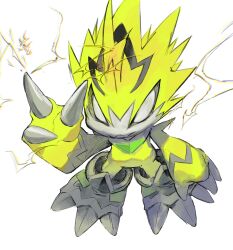 Rule 34 | 1boy, angry, blank eyes, claws, digimon, digimon (creature), electricity, full body, highres, level-00, pulsemon, sharp teeth, solo, spiked hair, standing, teeth, white background