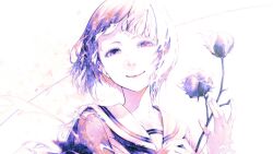 Rule 34 | 1girl, absurdres, bouno satoshi, closed mouth, flower, hands up, highres, holding, holding flower, looking at viewer, monochrome, original, portrait, purple theme, sailor collar, sailor shirt, shirt, short hair, smile, solo, white background