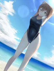 Rule 34 | 10s, 1girl, arms behind head, arms up, beach, breasts, brown eyes, brown hair, cloud, competition swimsuit, covered navel, day, dutch angle, gin nyaga, highres, kaga (kancolle), kantai collection, medium breasts, one-piece swimsuit, outdoors, short hair, side ponytail, sky, solo, standing, sun, swimsuit, water