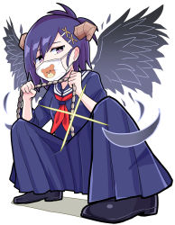 Rule 34 | 1girl, black footwear, black wings, blue serafuku, blue shirt, blue skirt, chain, character print, delinquent, demon horns, demon wings, earrings, feathers, full body, furrowed brow, gabriel dropout, glint, hair ornament, highres, holding, holding chain, horns, jewelry, long skirt, looking at viewer, mask, mouth mask, neckerchief, pleated skirt, purple eyes, purple hair, serafuku, shirt, shoes, skirt, solo, squatting, surgical mask, tenma-gav, vignette tsukinose april, white background, wings, x hair ornament
