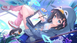 Rule 34 | 1girl, absurdres, bird, black hair, blue eyes, breasts, character request, cleavage, cleavage cutout, clothing cutout, fish, hair ornament, hair ribbon, highres, holding, holding pen, long sleeves, looking at viewer, open mouth, parted lips, pen, penguin, pink ribbon, ribbon, shoes, sitting, skirt, socks, somna, swing, virtual youtuber