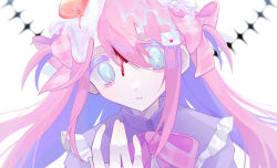 Rule 34 | + +, 1girl, aqua eyes, bow, bright pupils, colored eyelashes, colored inner hair, commentary request, envelope hair ornament, floating hair, food, food on head, fried egg, frilled shirt collar, frills, hair between eyes, hand up, highres, long hair, looking at viewer, multicolored hair, neck ribbon, object on head, original, pale skin, parted lips, pink bow, pink hair, pink ribbon, plaid, plaid bow, plaid ribbon, purple hair, ribbon, shizumu (shi zumu), short twintails, sidelocks, solo, turtleneck, twintails, upper body, white background, white pupils