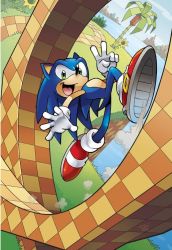 Rule 34 | 1boy, archie comics, cover, flower, furry, furry male, green eyes, green hill zone, hedgehog, looking at viewer, male focus, mountain, official art, open mouth, palm tree, running, signature, smile, solo, sonic (series), sonic the hedgehog, sonic the hedgehog (archie comics), source request, sunflower, textless version, tree, v