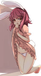 Rule 34 | 1girl, animal ears, barefoot, blush, bow, bow panties, brown hair, clothes lift, dress, dress lift, inaba tewi, ippongui, looking at viewer, panties, pink dress, rabbit ears, rabbit girl, rabbit tail, red eyes, short hair, sketch, skirt, skirt lift, solo, tail, touhou, underwear, white panties