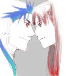 Rule 34 | 00s, 1boy, 1girl, blue eyes, blue hair, cu chulainn (fate), cu chulainn (fate/stay night), fate/stay night, fate (series), from side, grey background, red eyes, red hair, simple background, tohsaka rin