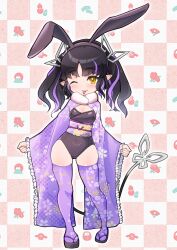 Rule 34 | 1girl, animal ears, black footwear, black hair, black hairband, black leotard, blush, breasts, checkered background, chinese zodiac, cleavage, closed mouth, commentary request, covered navel, demon girl, demon horns, demon tail, fake animal ears, floral print, flower, folding fan, frilled sleeves, frills, full body, gourd, hairband, hand fan, highres, horns, japanese clothes, kimono, kojo anna, leotard, leotard under clothes, long hair, looking at viewer, medium breasts, multicolored hair, nanashi inc., obi, one eye closed, pointy ears, purple hair, purple kimono, purple sash, purple thighhighs, rabbit ears, robou no stone, sandals, sash, seigaiha, skindentation, smile, solo, standing, tail, thighhighs, tongue, tongue out, twintails, two-tone hair, virtual youtuber, wavy hair, wide sleeves, year of the rabbit, yellow eyes, zouri