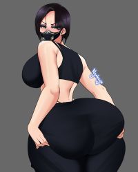 Rule 34 | 1girl, ass, ass grab, black hair, breasts, clothes, female focus, grabbing own ass, green eyes, grey background, highres, huge ass, looking back, makeup, mask, medium breasts, medium hair, mouth mask, nyabeyo, simple background, solo, valorant, viper (valorant)