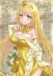 Rule 34 | 1girl, ayuko (ayuko54bornthisway), bag, blonde hair, blurry, blurry background, bow, breasts, cleavage, closed mouth, crown, dress, dress bow, elbow gloves, gloves, handbag, highres, large breasts, long hair, looking at viewer, mini crown, official alternate costume, shokuhou misaki, side slit, smile, solo, sparkling eyes, toaru majutsu no index, toaru majutsu no index: new testament, whistle, whistle around neck, yellow bow, yellow dress, yellow eyes, yellow gloves