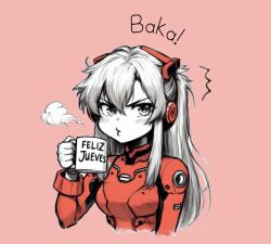 Rule 34 | bodysuit, commentary, cup, feliz jueves, highres, holding, holding cup, interface headset, long hair, looking at viewer, meme, neon genesis evangelion, partially colored, pilot suit, plugsuit, red bodysuit, simple background, souryuu asuka langley, thatwouldbeok, upper body