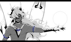 Rule 34 | 1boy, arjuna (fate), arjuna alter (fate), dark-skinned male, dark skin, fate/grand order, fate (series), fighting stance, fuka (hk nemo), grey eyes, greyscale, hair over one eye, highres, horns, jewelry, letterboxed, long hair, looking at viewer, male focus, monochrome, orb, pectorals, shoulder tattoo, simple background, single horn, solo, tattoo, toned, toned male, topless male, upper body, vambraces, white background