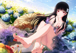 Rule 34 | 10s, 1girl, apple, banana, bare legs, bare shoulders, barefoot, between toes, black hair, blush, breasts, cherry, cleavage, day, feet, finger to mouth, flower, food, foot focus, holding with feet, fruit, fruit bowl, hair censor, hair flower, hair ornament, highres, hydrangea, legs, long hair, long legs, medium breasts, oil-paper umbrella, outdoors, red eyes, sanka rea, sankarea, smile, soles, solo, sunrise, toenails, toes, umbrella, xiao ren