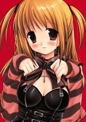 Rule 34 | 00s, 1girl, amane misa, belt, blonde hair, bow, bowtie, breasts, brown eyes, choker, cleavage, clothes lift, corset, cross, cross necklace, death note, detached sleeves, head tilt, jewelry, latex, long sleeves, medium breasts, miyasu risa, necklace, pendant, ribbon, shirt lift, skin tight, smile, solo, sweater, two side up, upper body